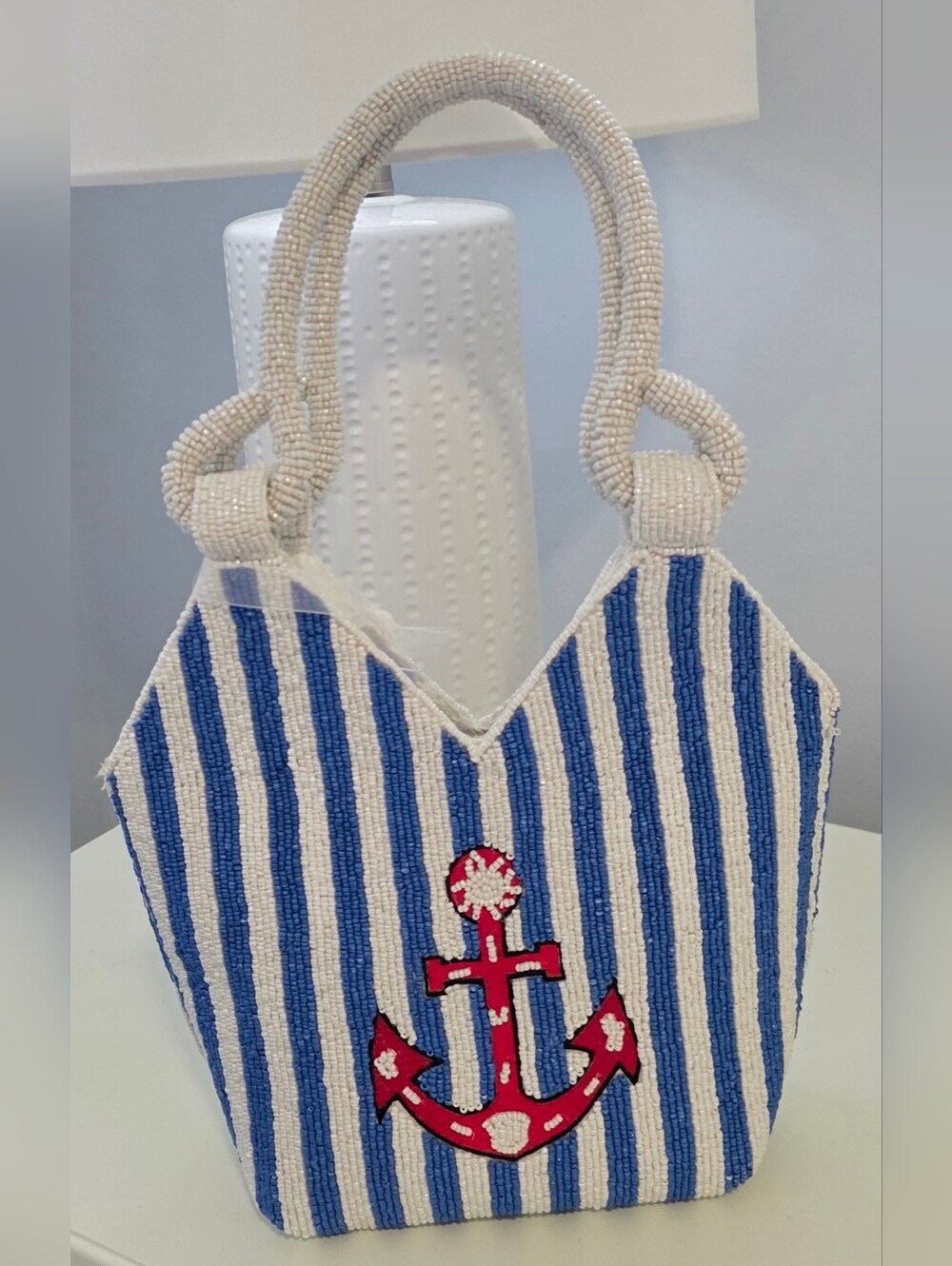 Handcrafted in India Beaded Blue & White Striped Nautical Anchor Purse New